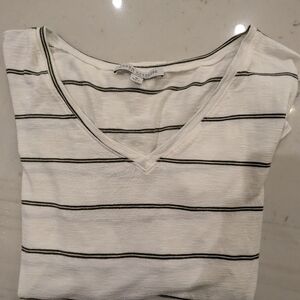 White and Black Striped V-Neck Tee